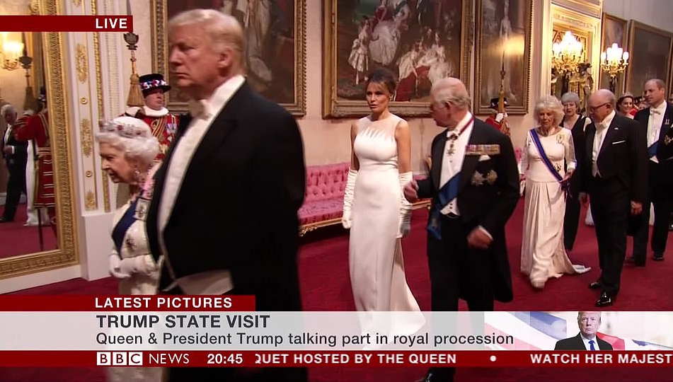 Donald Trump, Melania Trump, and Ivanka Trump pictured with members of the royal family at State Banquet holding at the Palace