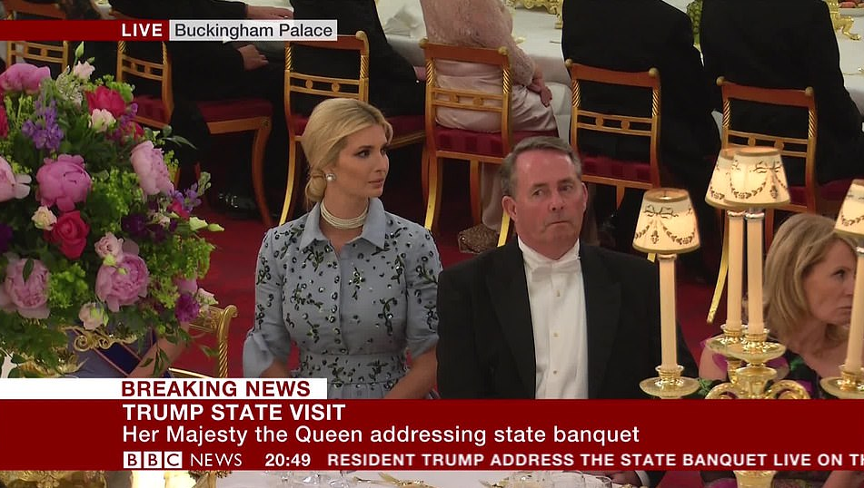 Donald Trump, Melania Trump, and Ivanka Trump pictured with members of the royal family at State Banquet holding at the Palace