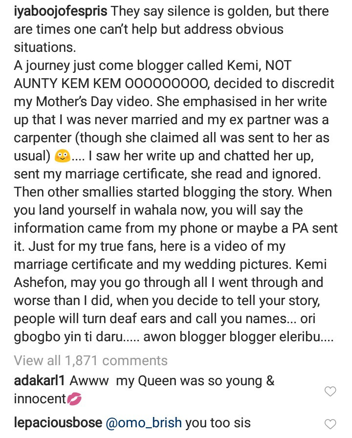Iyabo Ojo releases photos from her wedding and her marriage certificate to discredit claims that she never got married