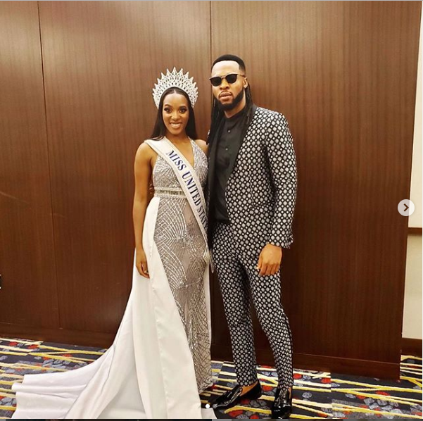 Social media users leave hilarious comments as Flavour shares photo of himself with newly crowned Miss USA, Cheslie Kryst (Screenshots)