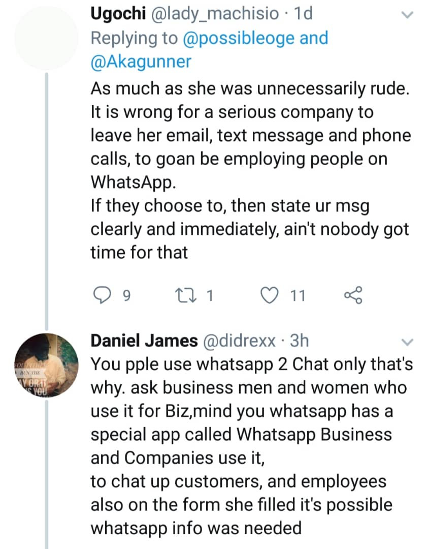 Twitter users divided over trending Whatsapp conversation between a lady and her prospective employee
