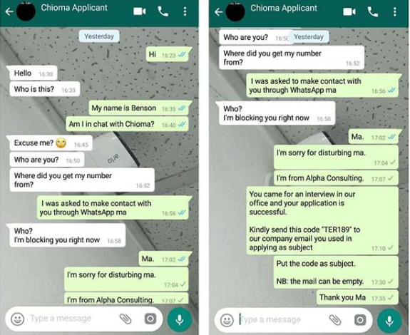 Twitter users divided over trending Whatsapp conversation between a lady and her prospective employee