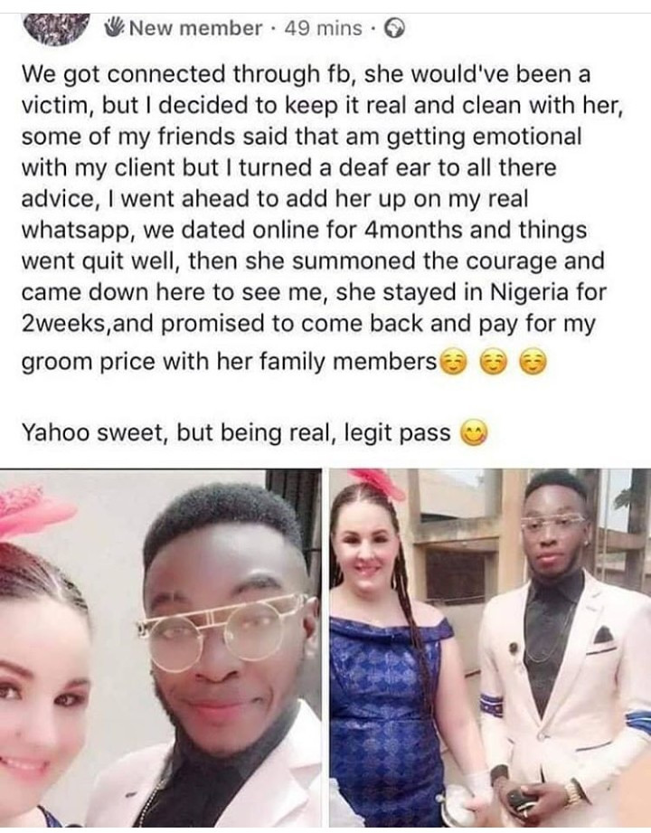 Trending FB post shared by Yahoo boy who fell in love with his "maga" and married her after she paid his "groom price"