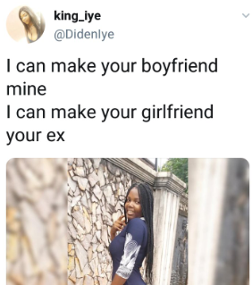 Lady loses her boyfriend, Akin, to another lady after Twitter bet (screenshots)