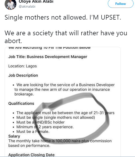 Akin Alabi and other Twitter users express outrage over job application discriminating against single mothers