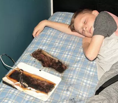 Tablet burns through bed at night inches away from the face of an 11-year-old boy