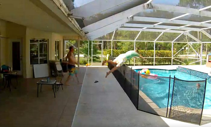 Quick-thinking father earns praise online after making a ?Superman jump? into pool to save his son from drowning (Watch Video)
