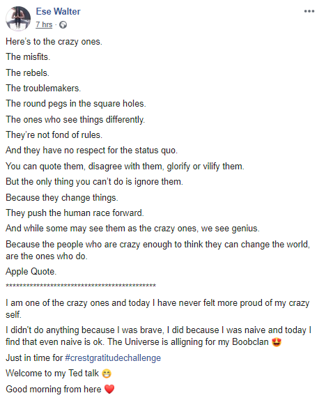 BiodunFatoyinbo: I have never felt more proud of my crazy self- Ese Walter