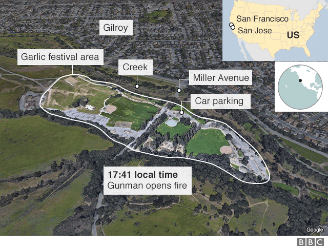A map showing key locations in the garlic festival shooting
