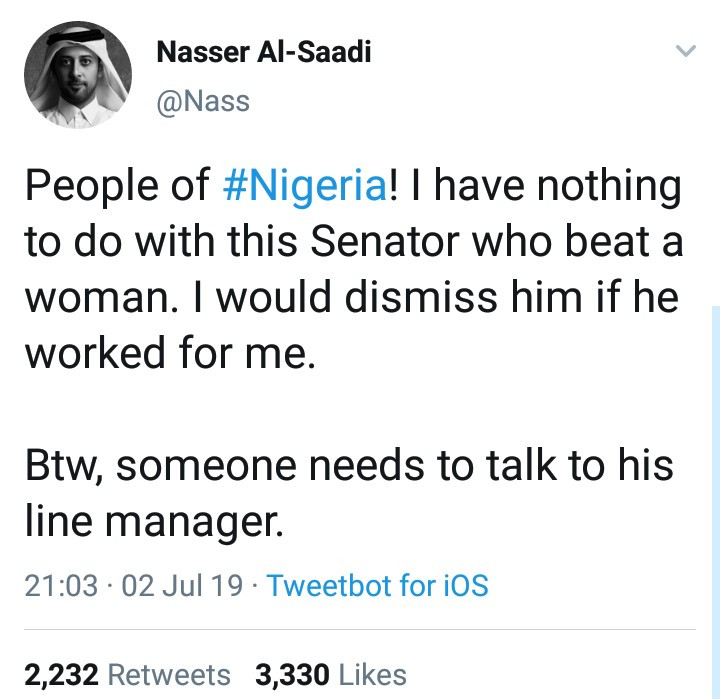 "People of Nigeria, I have nothing to do with this senator who beat a woman" - Twitter @Nass pleads