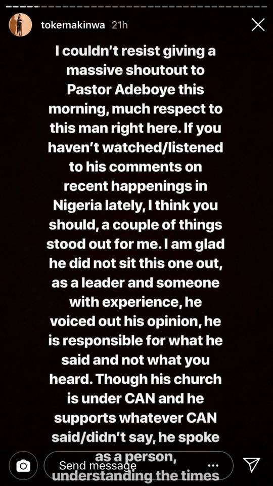 We are humans first before the anointing - Toke Makinwa says as she supports Pastor Adeboye on comment about 