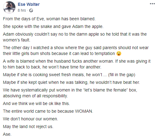 Ese Walter highlights how women are blamed for everything while men are absolved of all responsibility