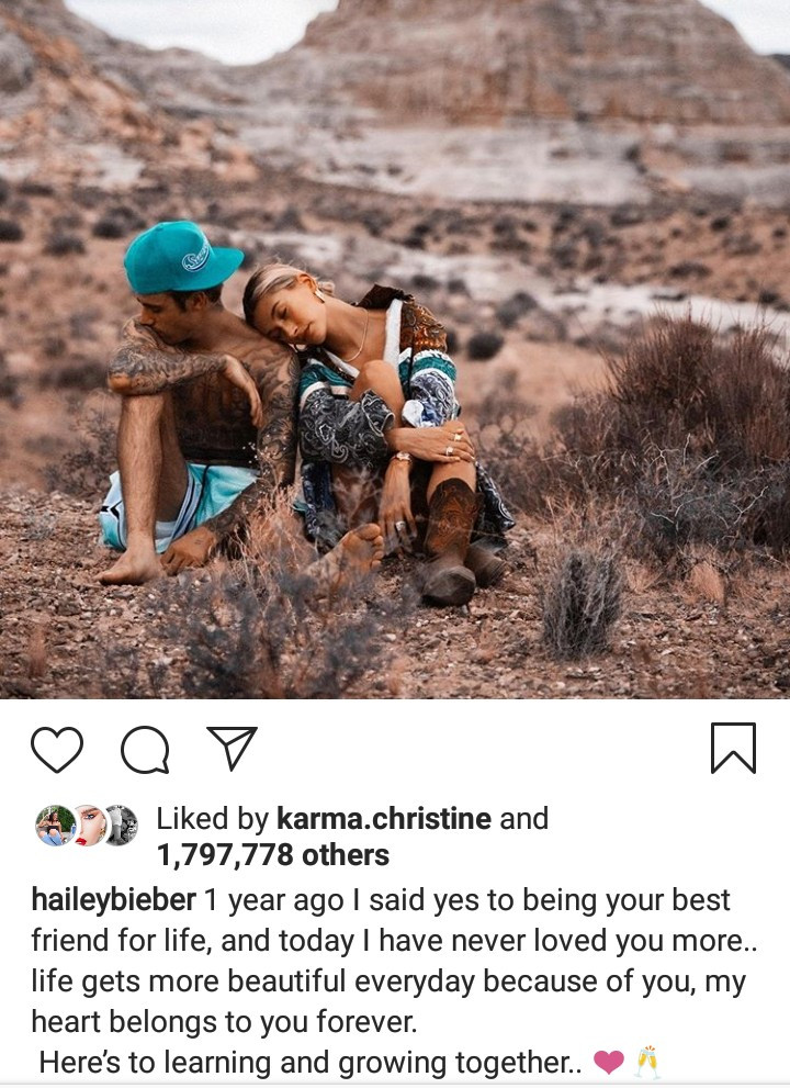 Hailey Bieber celebrates husband Justin as they mark their one year engagement anniversary
