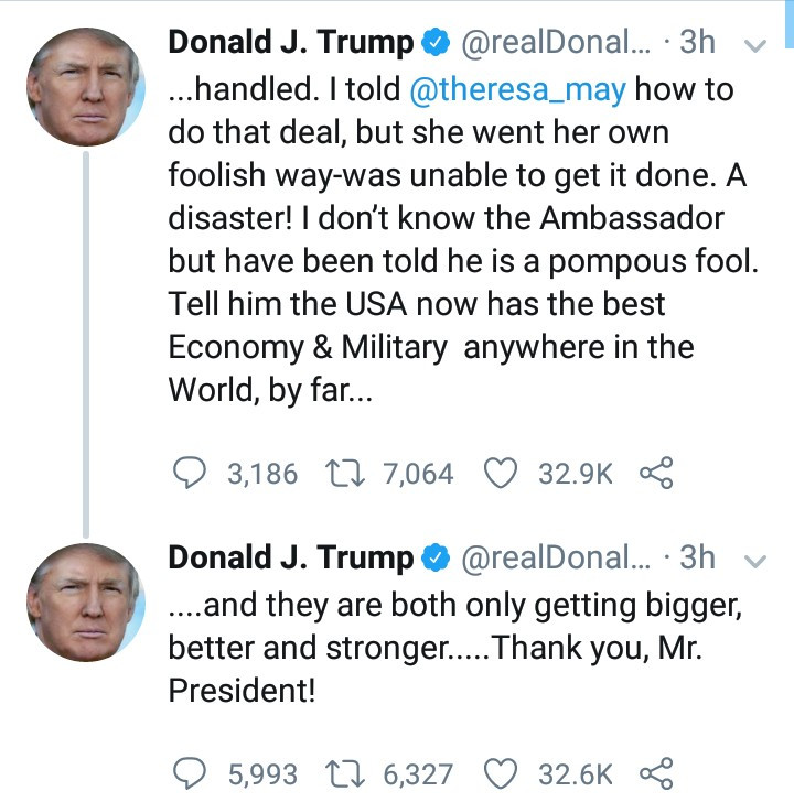 Donald Trump launches Twitter attack on UK ambassador to the US and Theresa May then thanks himself