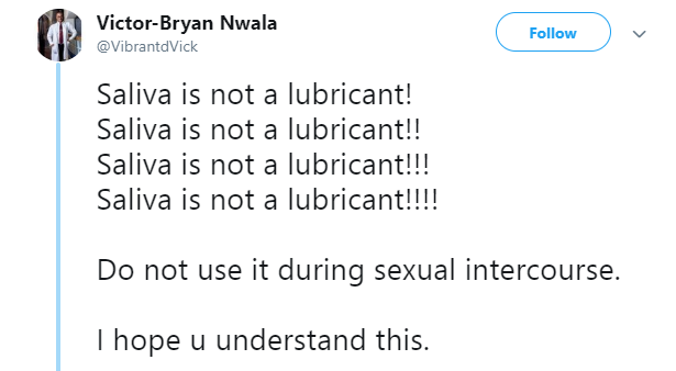 Nigerian doctor warns against using saliva as lubricant during sex