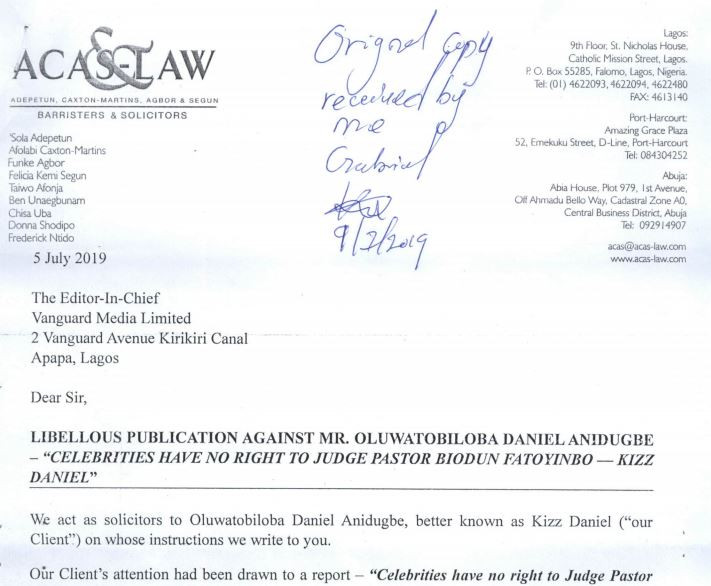 Breaking: Kizz Daniel slams N100million lawsuit on Vanguard for 