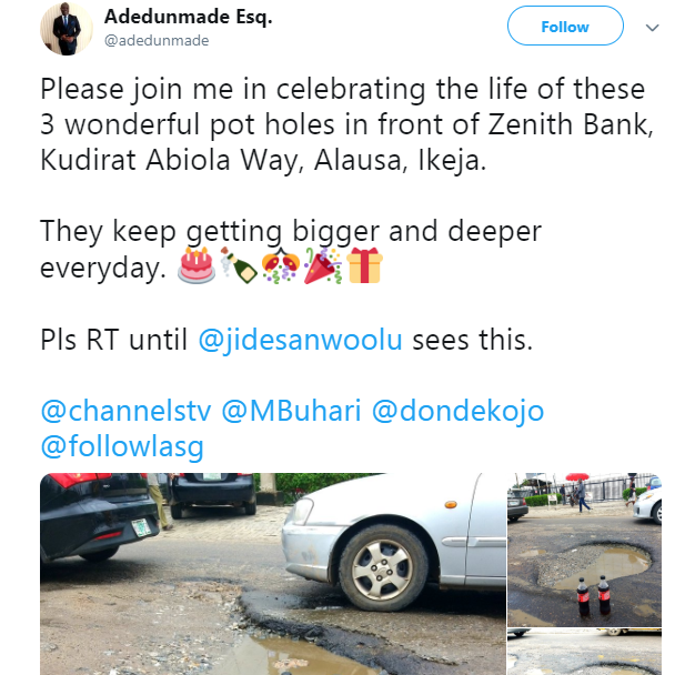 Nigerian lawyer celebrates potholes that keeps expanding, with soda