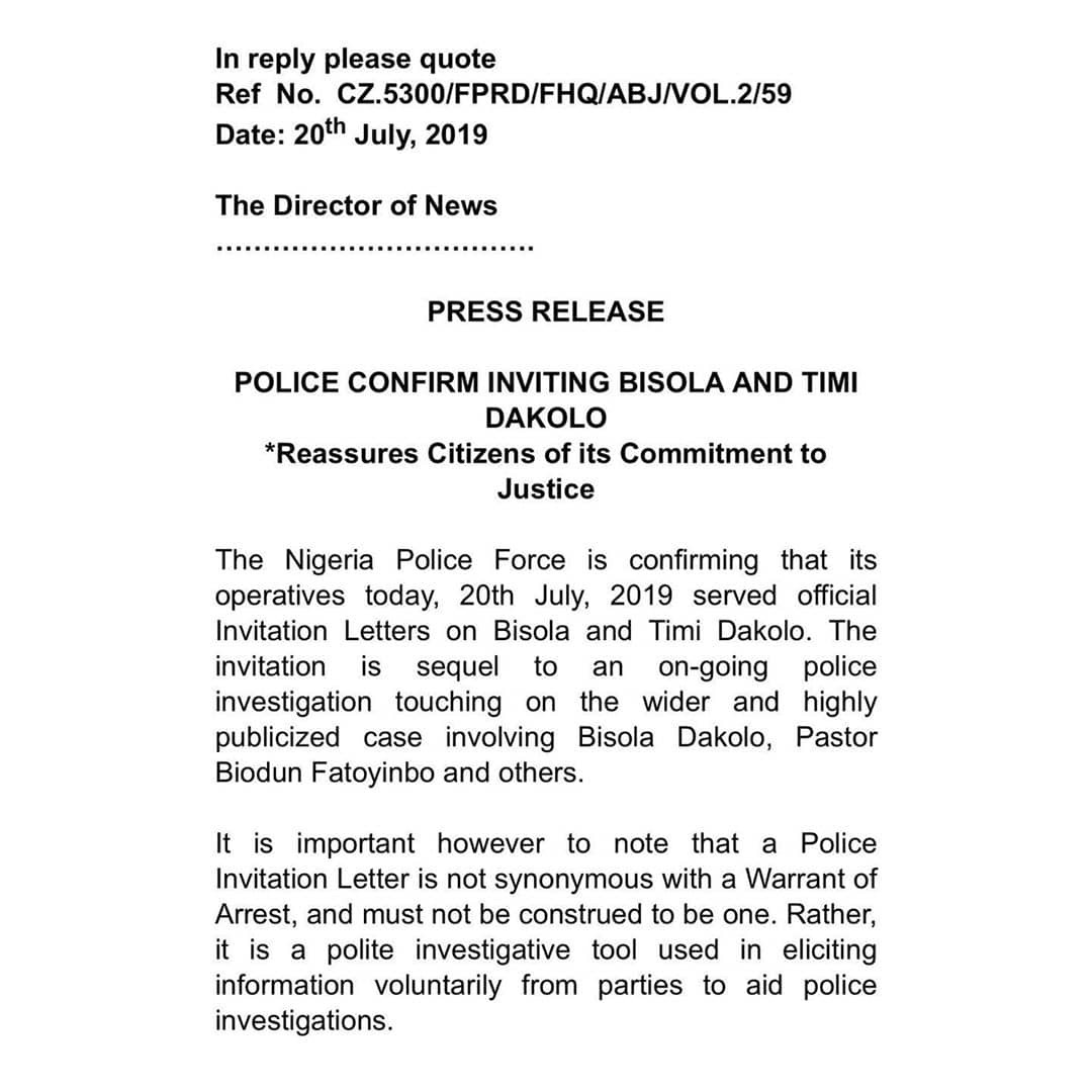 Police confirm inviting Busola and Timi Dakolo