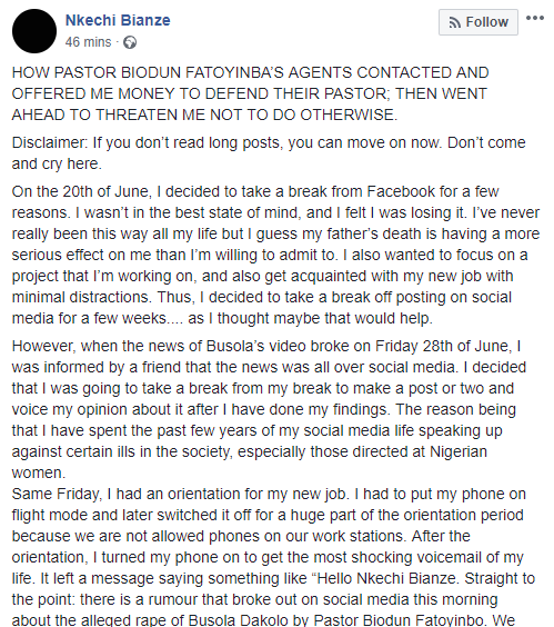 COZA: Nigerian influencer, Nkechi Bianze accuses Pastor Fatoyinbo