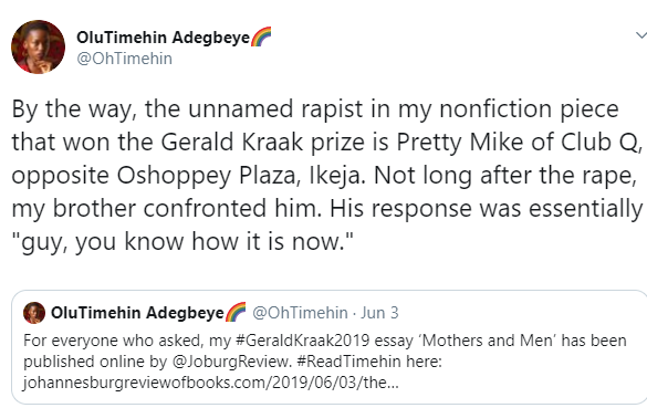 Pretty Mike accused of rape by writer Olutimehin Adegbeye