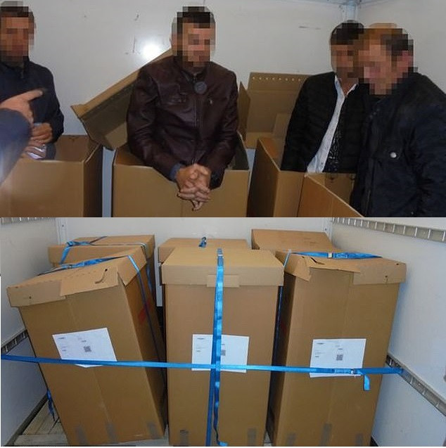Four Albanian migrants found taped inside cardboard boxes in a van after paying 700 Euros each to be smuggled into UK (Photos)