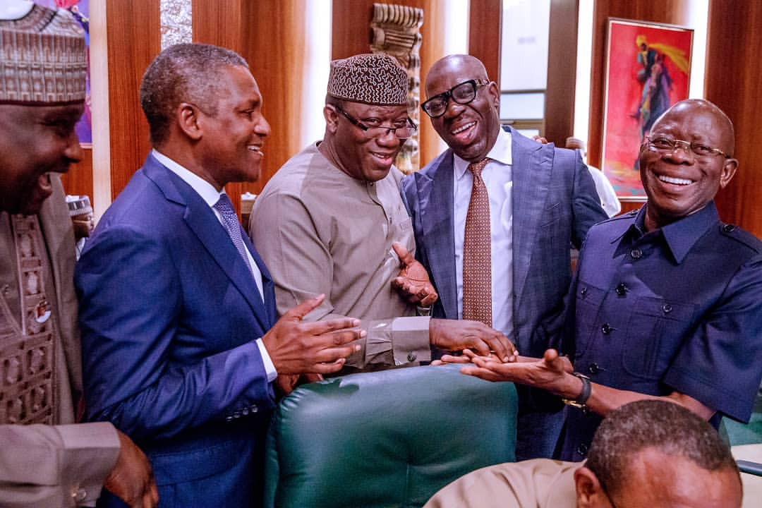 Photos: Adams Oshiomole and Governor Godwin Obaseki all smiles at state house Abuja despite their political war