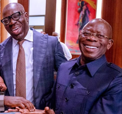 Photos: Adams Oshiomole and Governor Godwin Obaseki all smiles at state house Abuja despite their political war