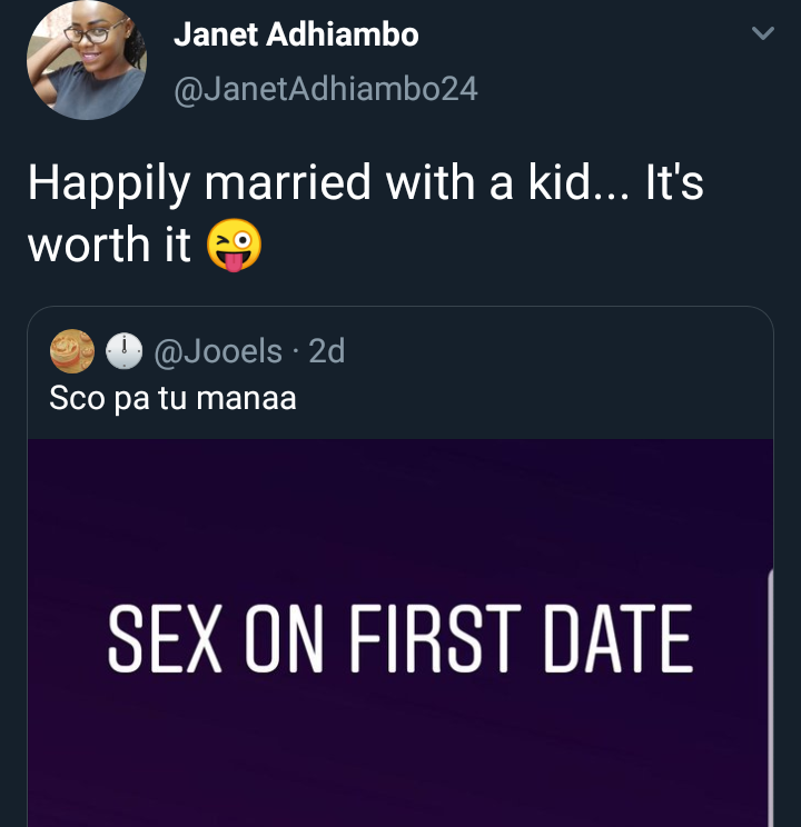 Lady who had sex on first date says she is now happily married with a child