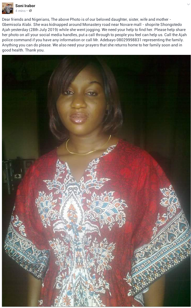  Photo: Woman kidnapped while jogging in Ajah, Lagos