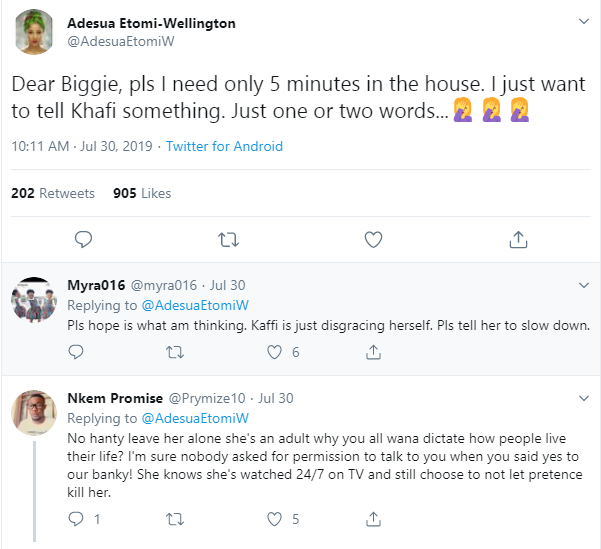 Sex: Adesua Etomi says she needs 5 minutes in BBNaija house with Khafi