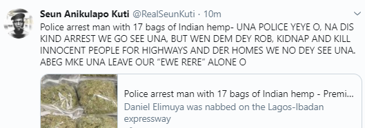 Seun Kuti blasts police for arresting man with 17 bags of Indian hemp