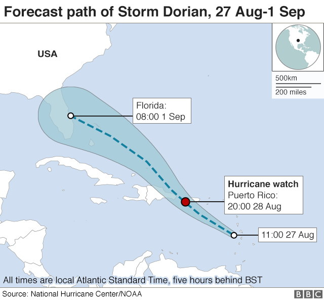 Map showing the forecast path of the storm