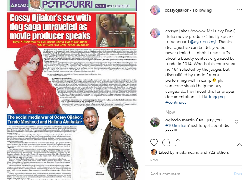 Cossy Ojiakor reacts as producer of alleged 