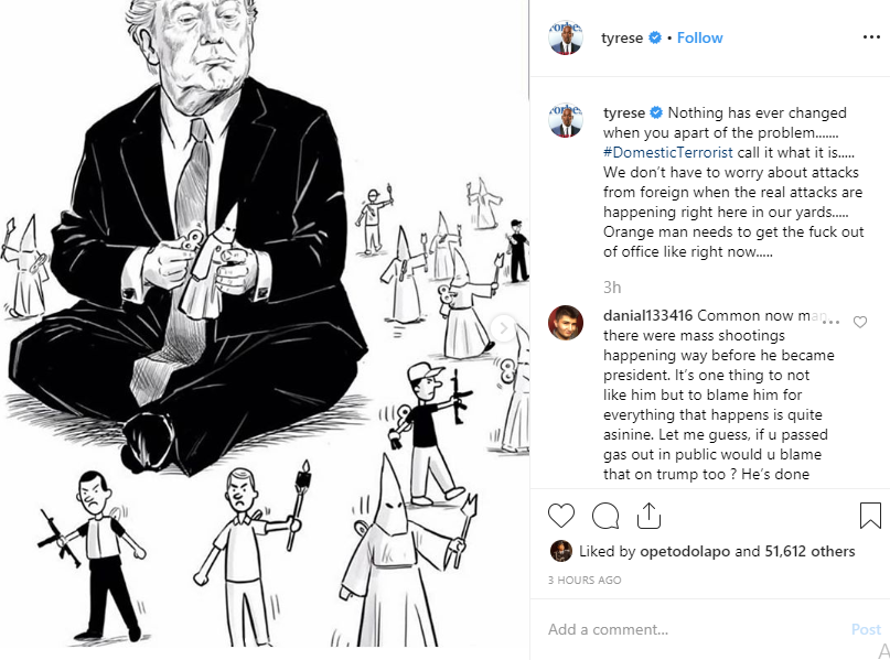 Tyrese accuses Donald Trump and the police of being mild on domestic terrorists because 