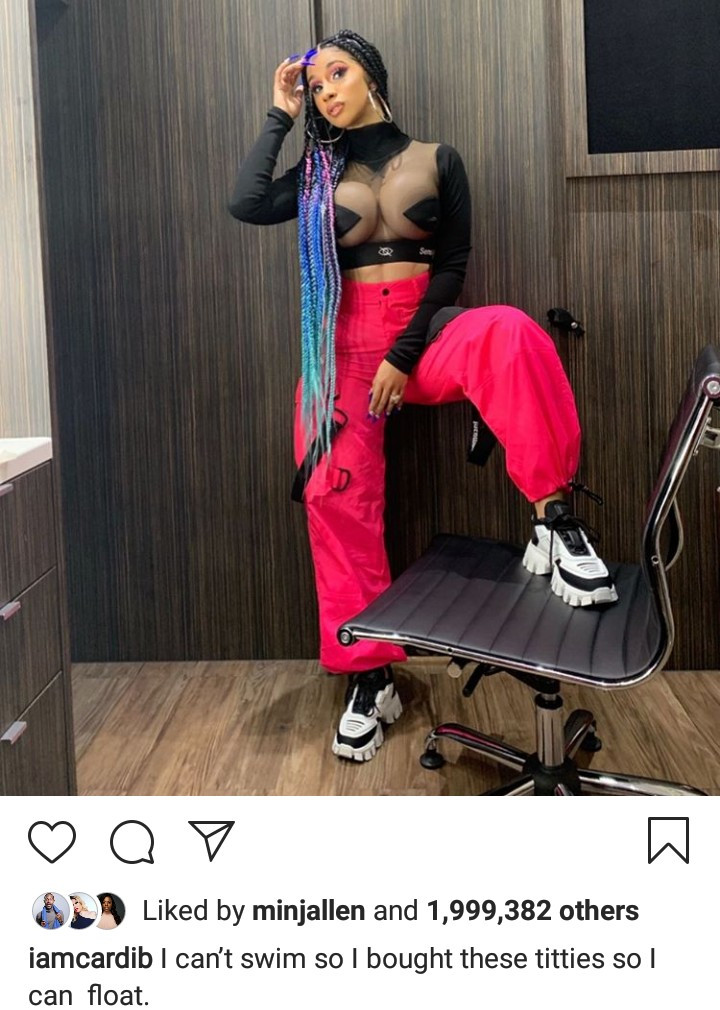 Cardi B jokes about her surgically enhanced boobs that she "bought"