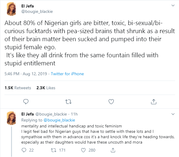 About 80% of Nigerian girls are bitter and toxic bisexuals - Twitter user 