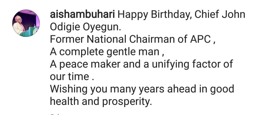 Aisha Buhari shakes a major table with her birthday message to John Odigie-Oyegun