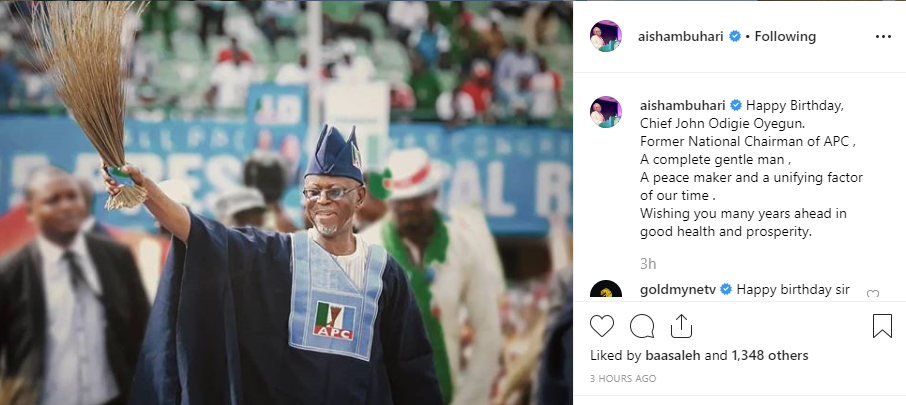 Aisha Buhari shakes a major table with her birthday message to John Odigie-Oyegun