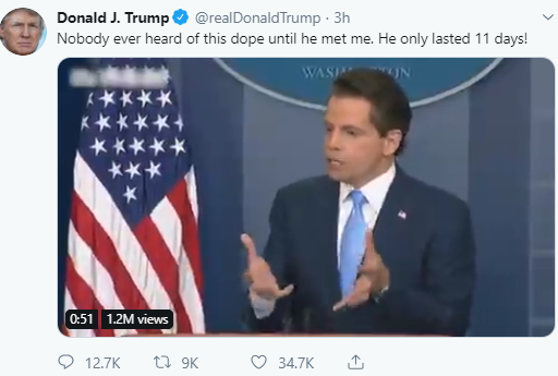Donald Trump throws shade at Anthony Scaramucci by tweeting old video of the former aide praising him