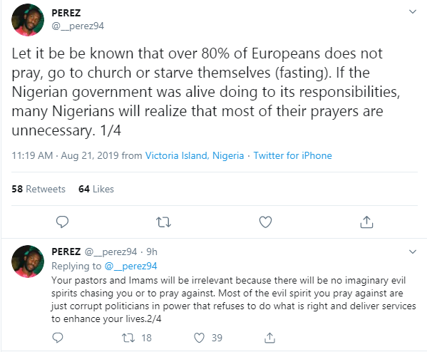 Nigerian politicians support the church and mosque because religion promises miracles that will never happen - Twitter user