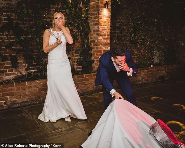 Newlyweds looked on in horror as their wedding cake collapsed during cutting ceremony (Photos)