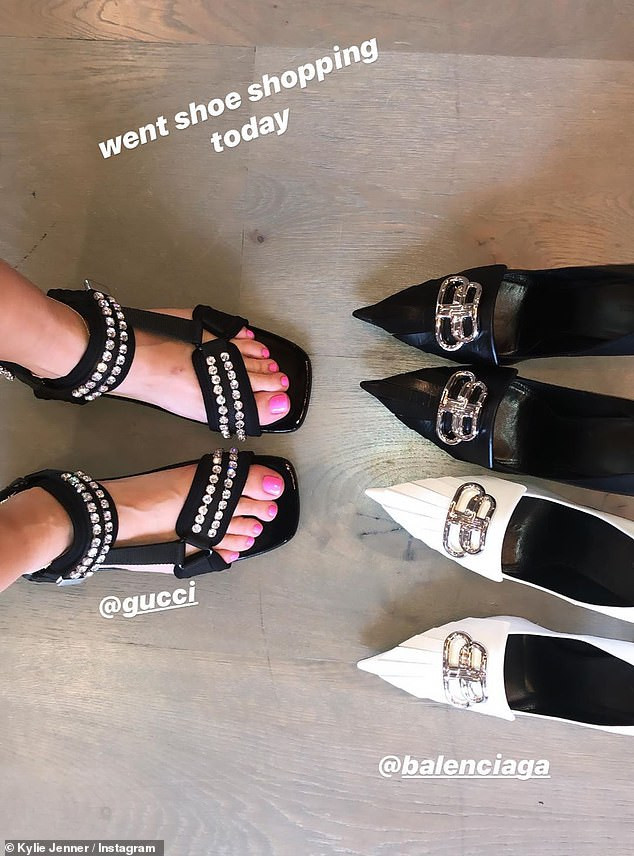 Kylie Jenner shows off her lavish shoe closet after going on shopping sprees at Gucci and Balenciaga (Photos)