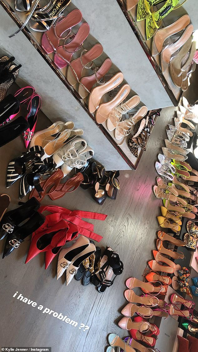 Kylie Jenner shows off her lavish shoe closet after going on shopping sprees at Gucci and Balenciaga (Photos)