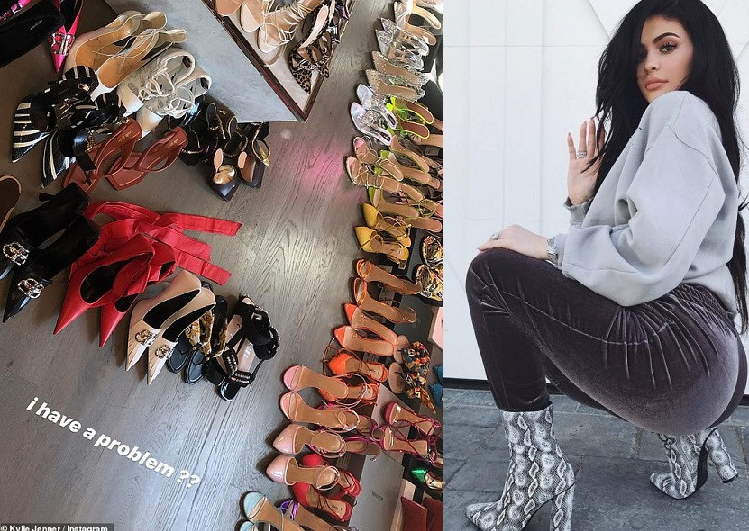 Kylie Jenner shows off her lavish shoe closet after going on shopping sprees at Gucci and Balenciaga (Photos)