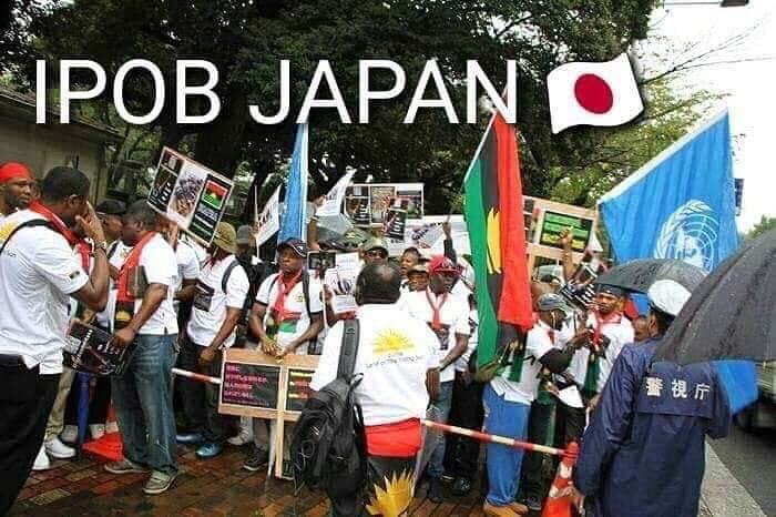 Photos of protesting IPOB members waiting for President Buhari in Japan
