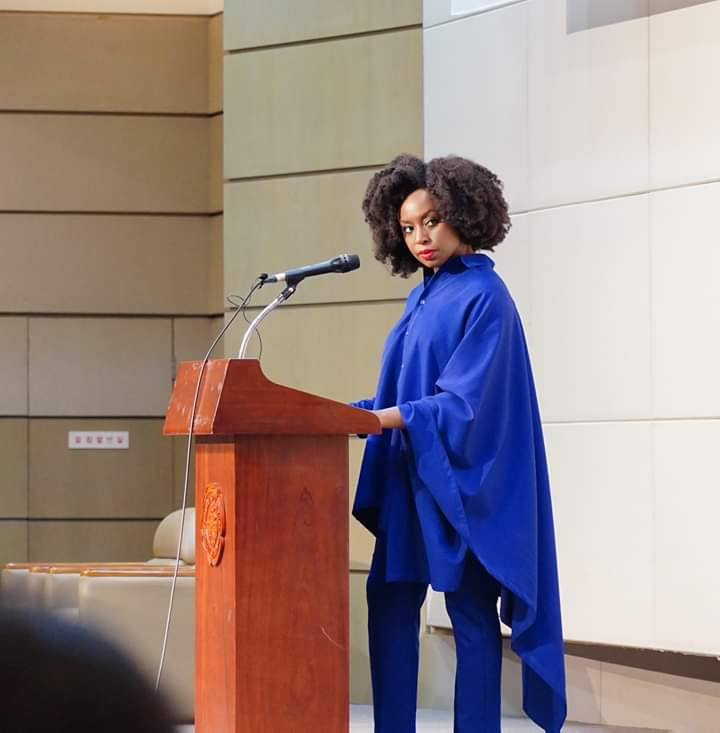 Chimamanda Adichie looked elegant in a blue two-piece as she delivered a lecture in South Korea
