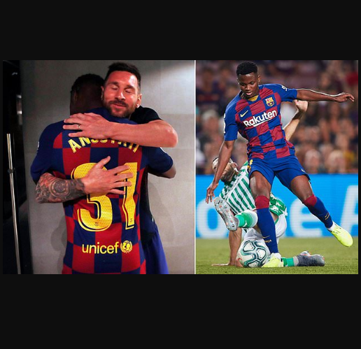 Lionel Messi congratulates 16-year-old Ansu Fati from Guinea-Bissau after he became the youngest player to start for Barcelona since 1941 (Photos)
