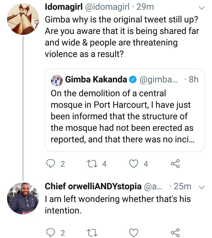 Nigerian writer Gimba Kakanda accused of religious bigotry after his report on alleged demolition of a mosque led Muslims to threaten reprisal attacks