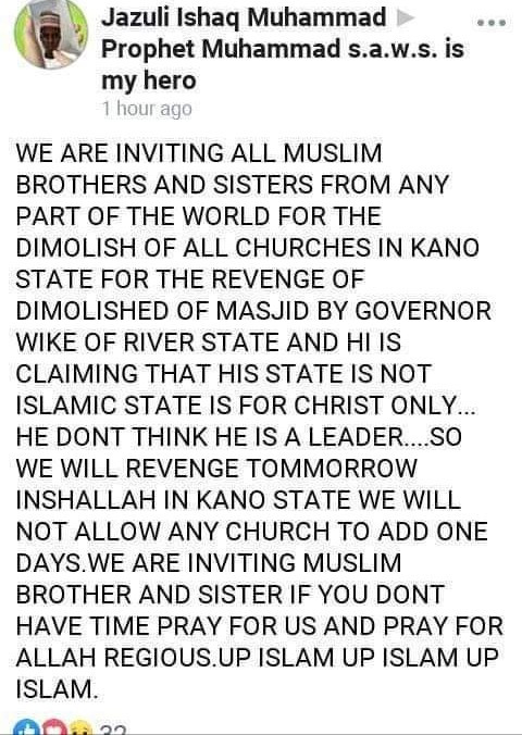 Nigerian writer Gimba Kakanda accused of religious bigotry after his report on alleged demolition of a mosque led Muslims to threaten reprisal attacks