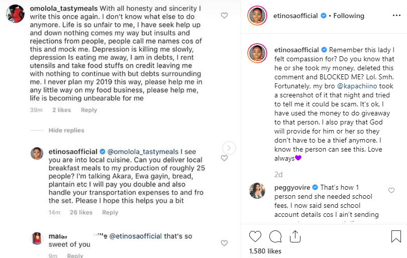 Etinosa falls victim to an Instagram fraudster on set of a new movie